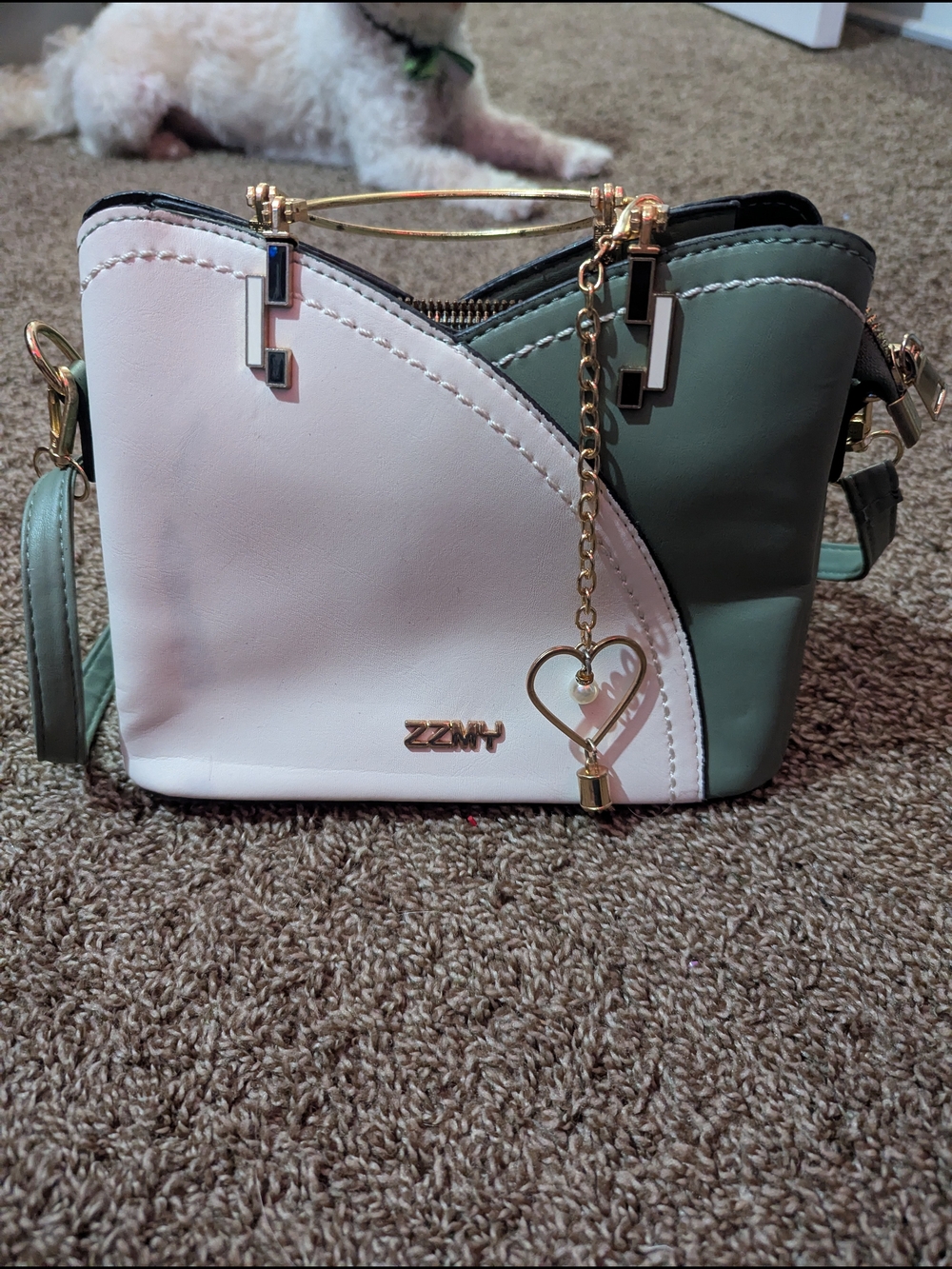 ZZMY Two-Tone White and Green Crossbody Bag with Heart Charm